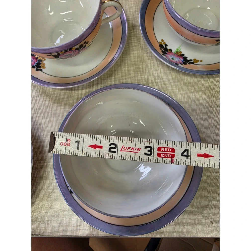 Vintage Japanese Lusterware Tea Cup and Saucer Set Hand Painted Floral 10 Piece